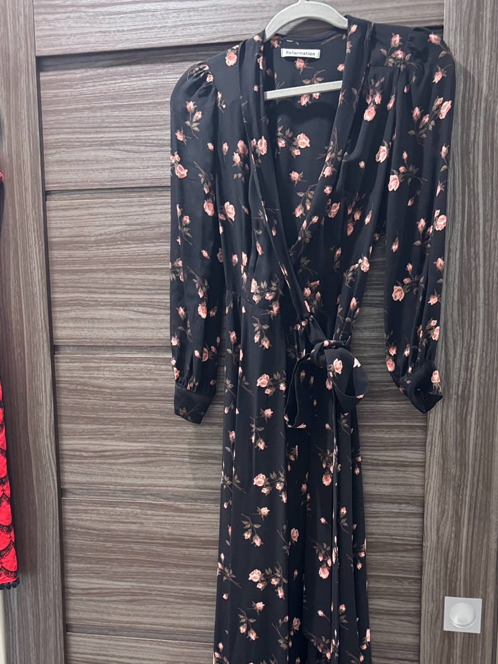 Reformation Black Wrap Dress with Pink Rose Motif
